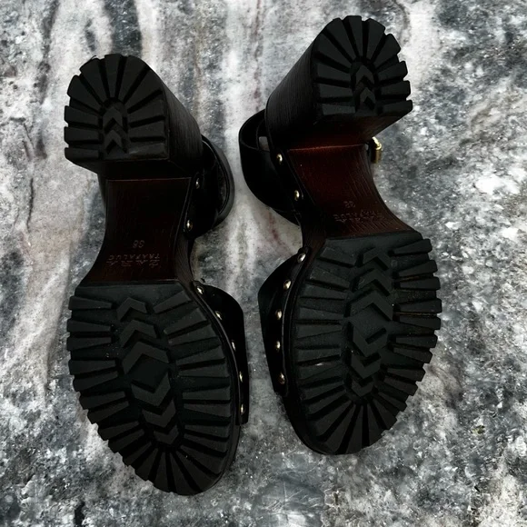 ZARA Anklestrap Wooden Clogs Black LEATHER SANDALS with Studs Size 38 - Picture 8 of 11